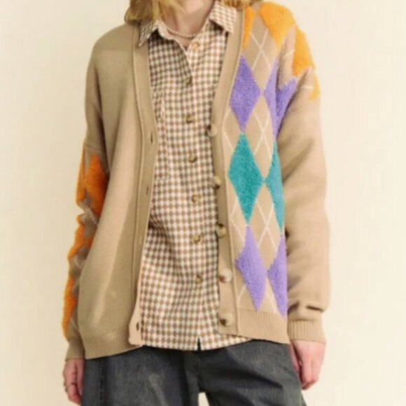 DAVI & DANI ARGYLE "DAD" OVERSIZED CARDIGAN SWEATER - Picture 2 of 7